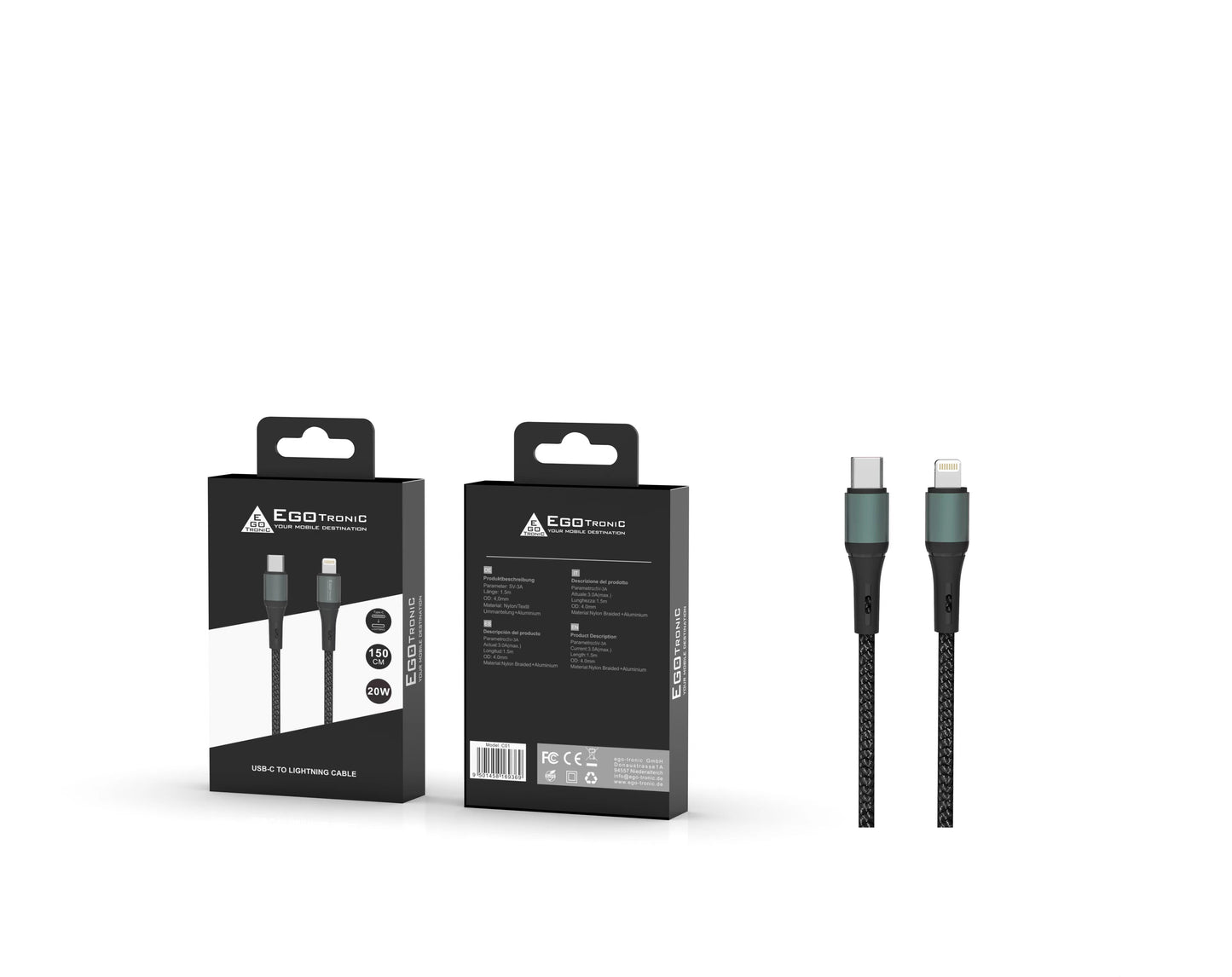 ego-tronic USB-C / Lightning Ladekabel 150cm geflochten