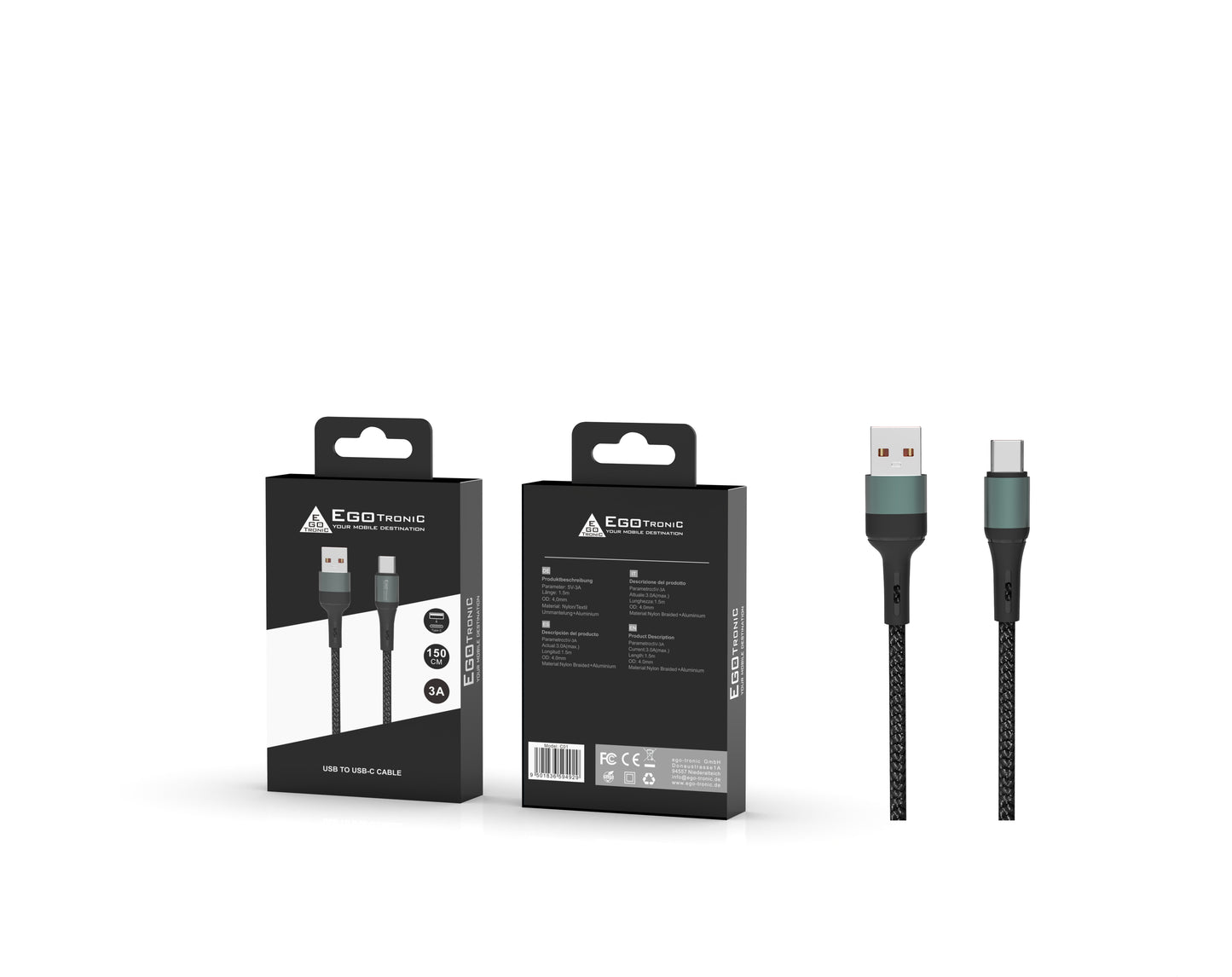 ego-tronic USB-A / USB-C Ladekabel 150cm geflochten