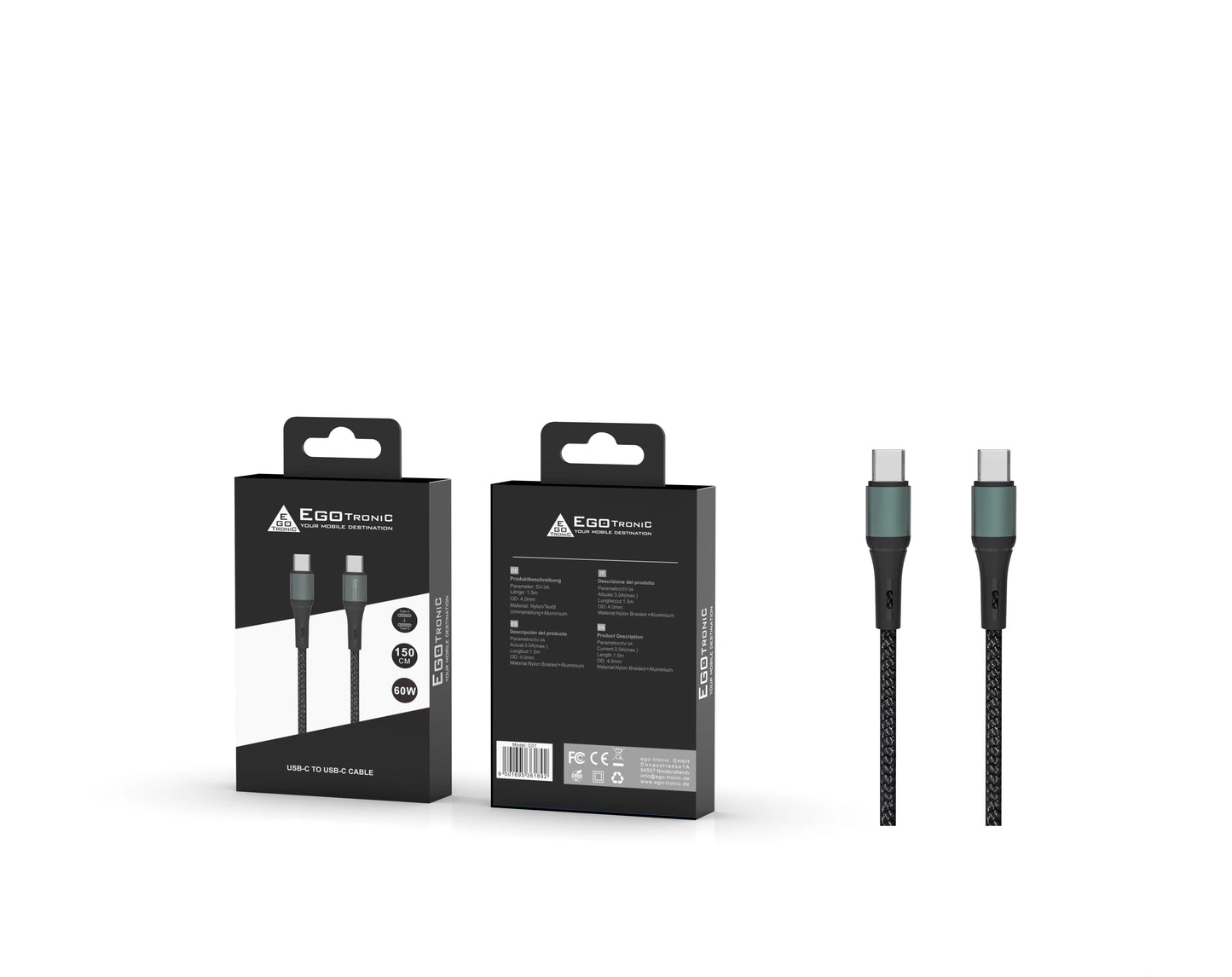 ego-tronic USB-C / USB-C Ladekabel 150cm geflochten