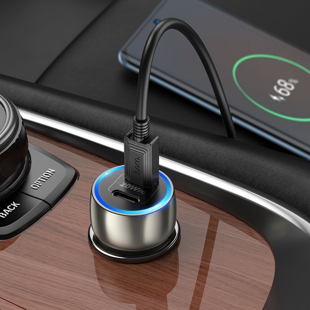 HOCO Autoladegerät 2x USB-C PD QC3.0 3A 40W + 1m USB-C Kabel Metall Grau