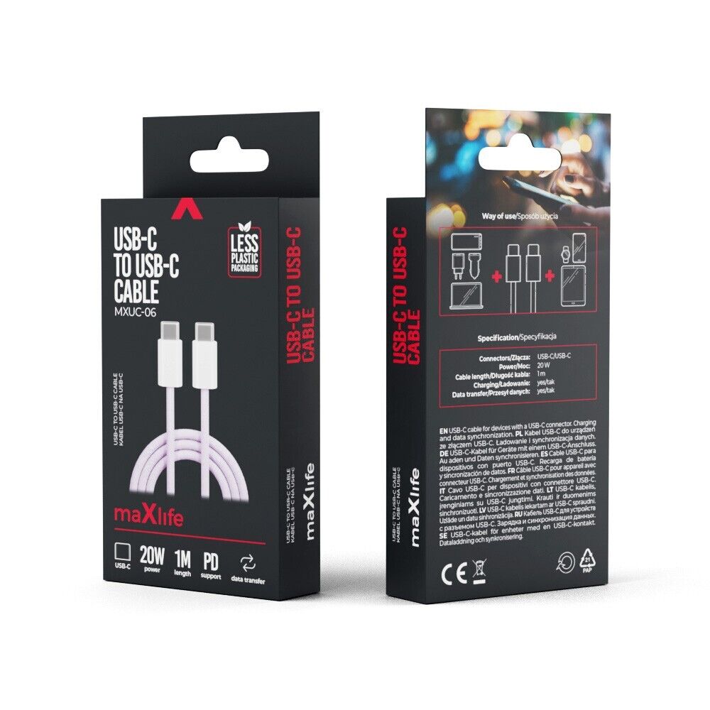 Maxlife MXUC-06 USB-C zu USB-C Kabel 1,0m Lila Nylon 20W