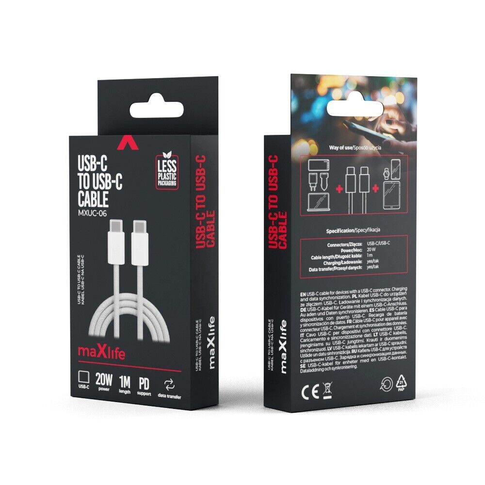Maxlife MXUC-06 USB-C zu USB-C Kabel 1,0m Grau Nylon 20W