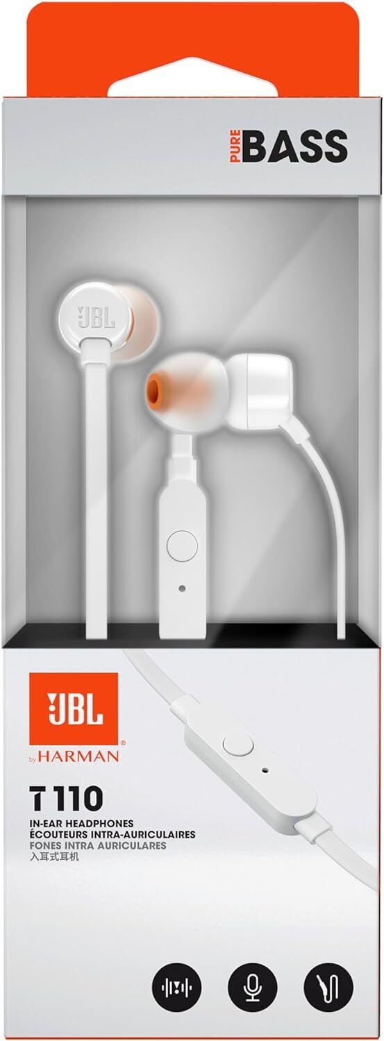 JBL Tune 110 In-Ear Kopfhörer mit Mikrofon – Pure Bass Sound, Schwarz/Weiß, 1er