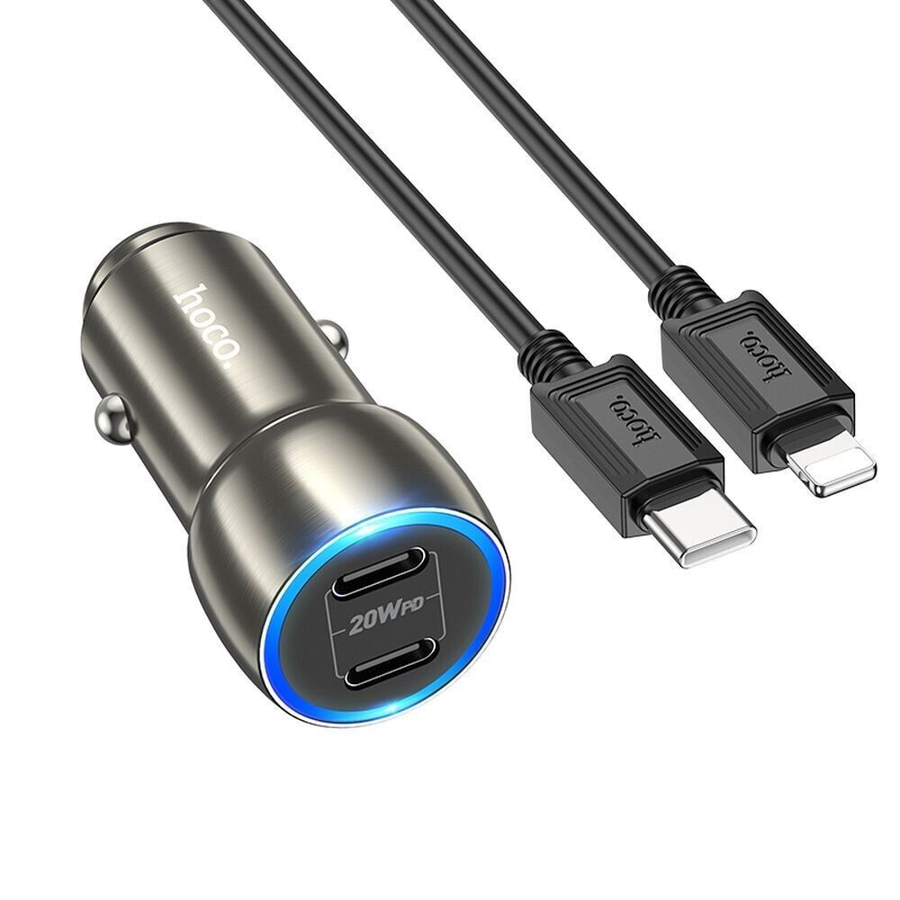 HOCO Autoladegerät 2x Typ C + Typ C zu iPhone Kabel PD QC3.0 3A 40W Z48 grau