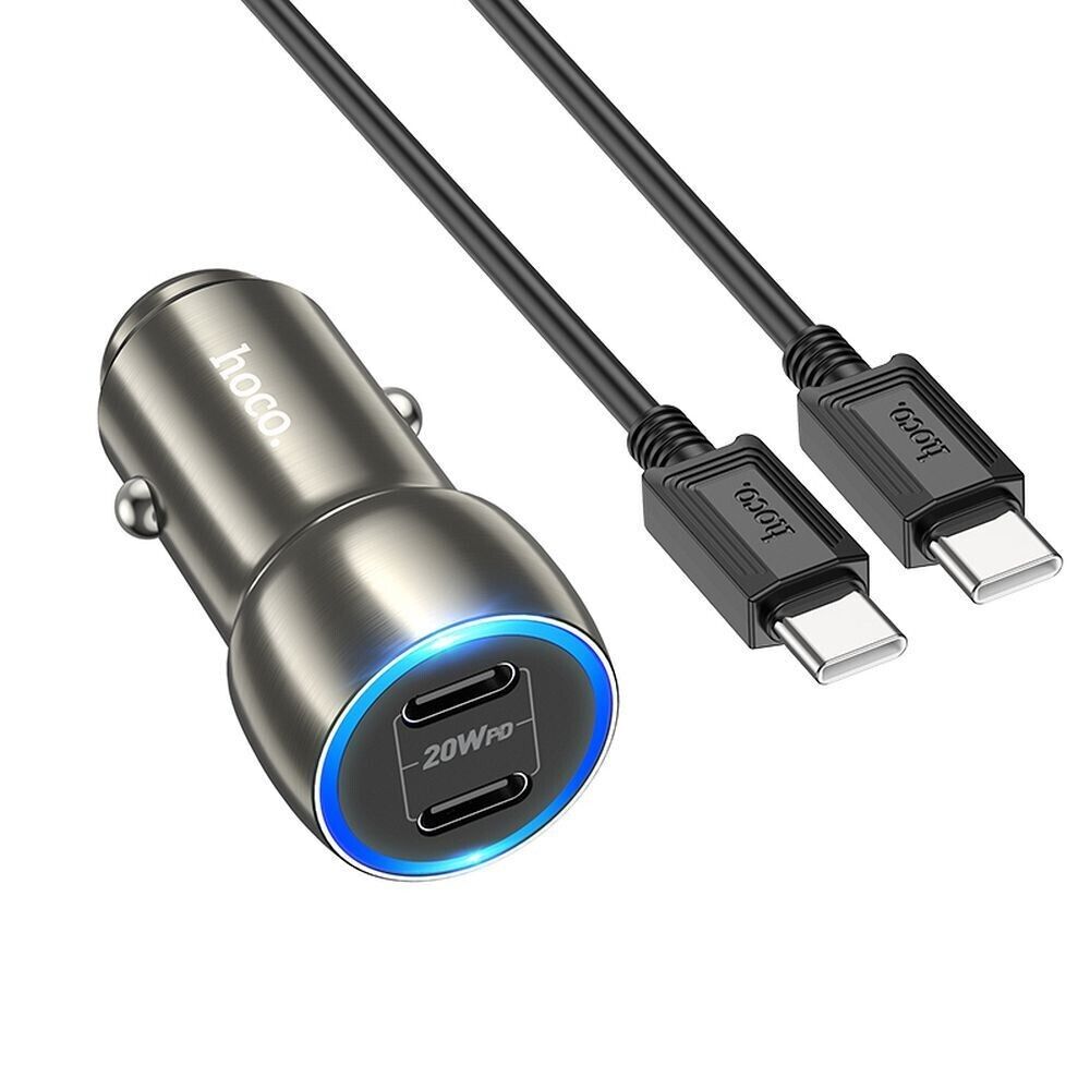 HOCO Autoladegerät 2x USB-C PD QC3.0 3A 40W + 1m USB-C Kabel Metall Grau